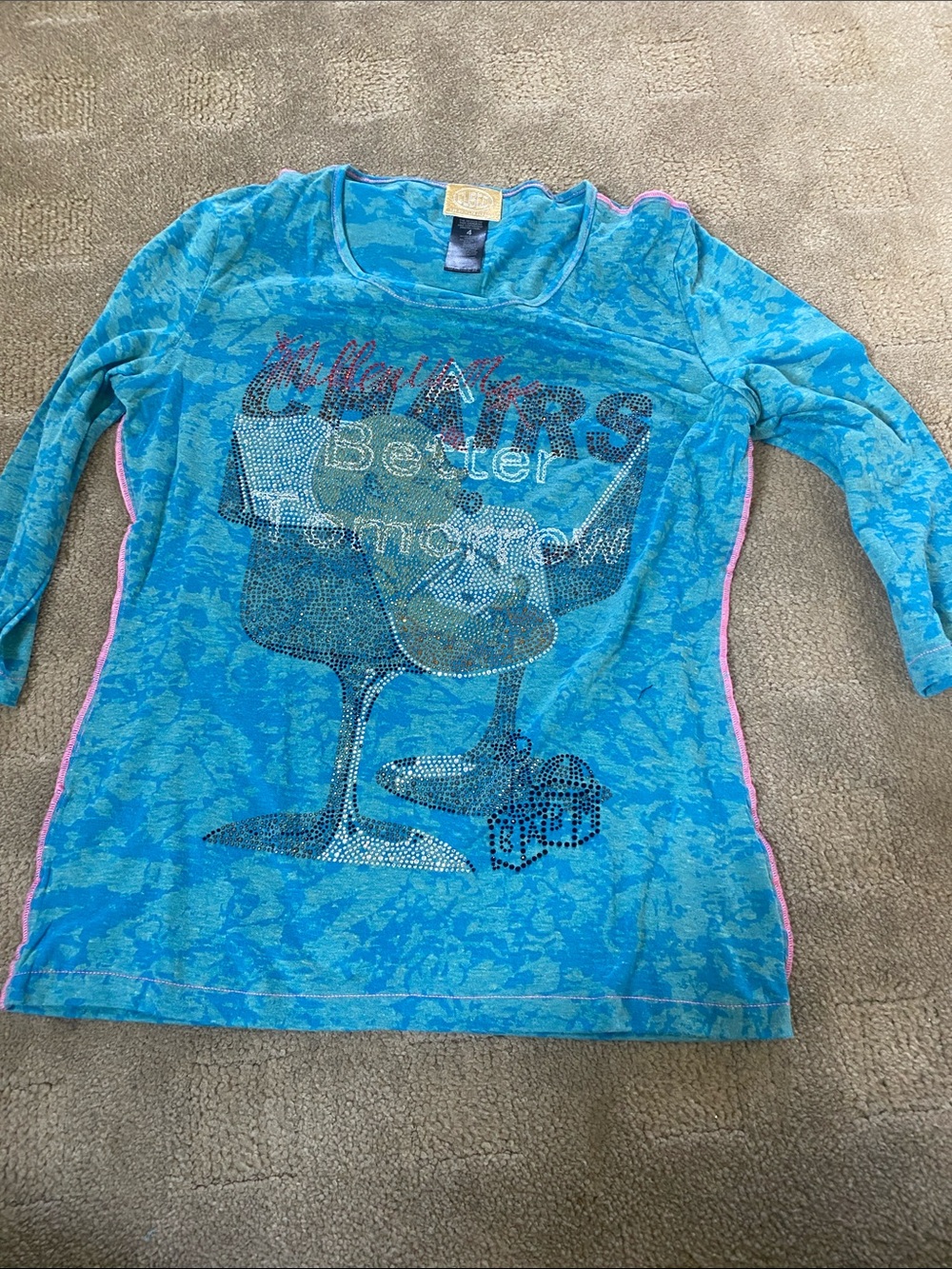 Custo Barcelona Turquoise Blue Long Sleeve Graphic Tee with Pink Trim